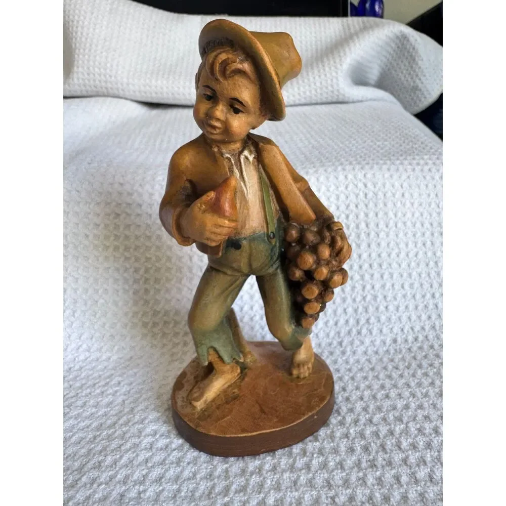 A Senoner Tinderla Hand Carved Wood Boy Figurine Grapes Pear Ortisei Italy
